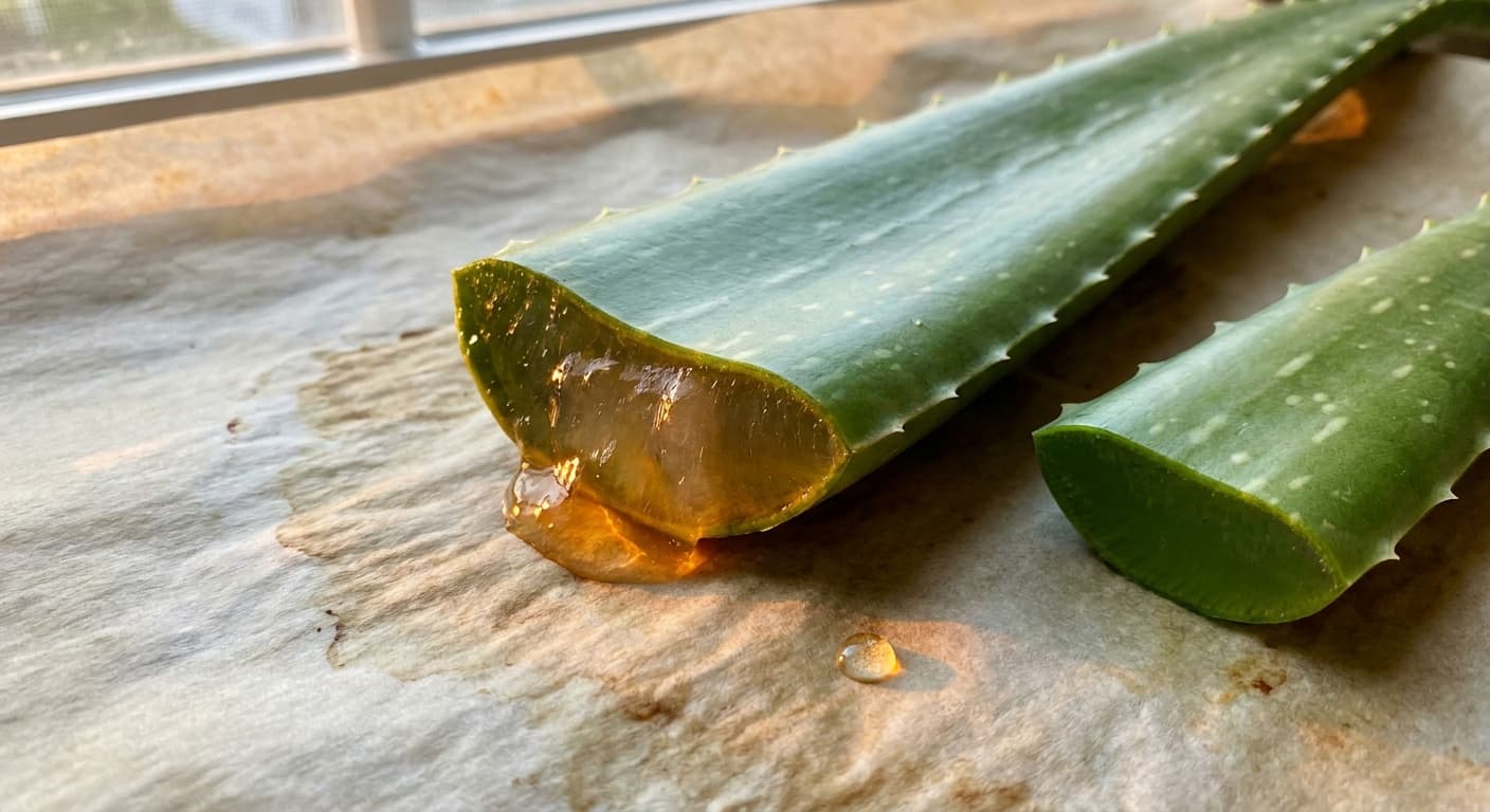 Fresh-cut Aloe Vera leaves showing translucent gel on warm parchment