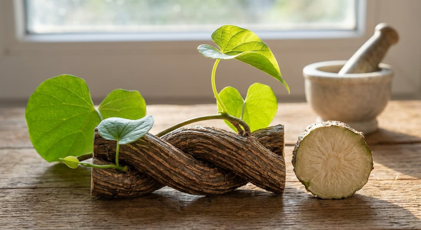Guduchi vine stem with heart-shaped green leaves and a fibrous cross-section slice
