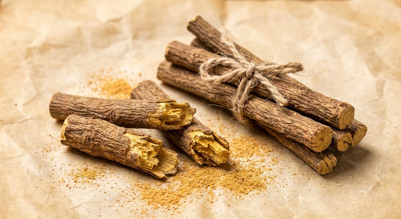 Dried licorice root sticks bundled together with twine, showing fibrous golden-yellow interior