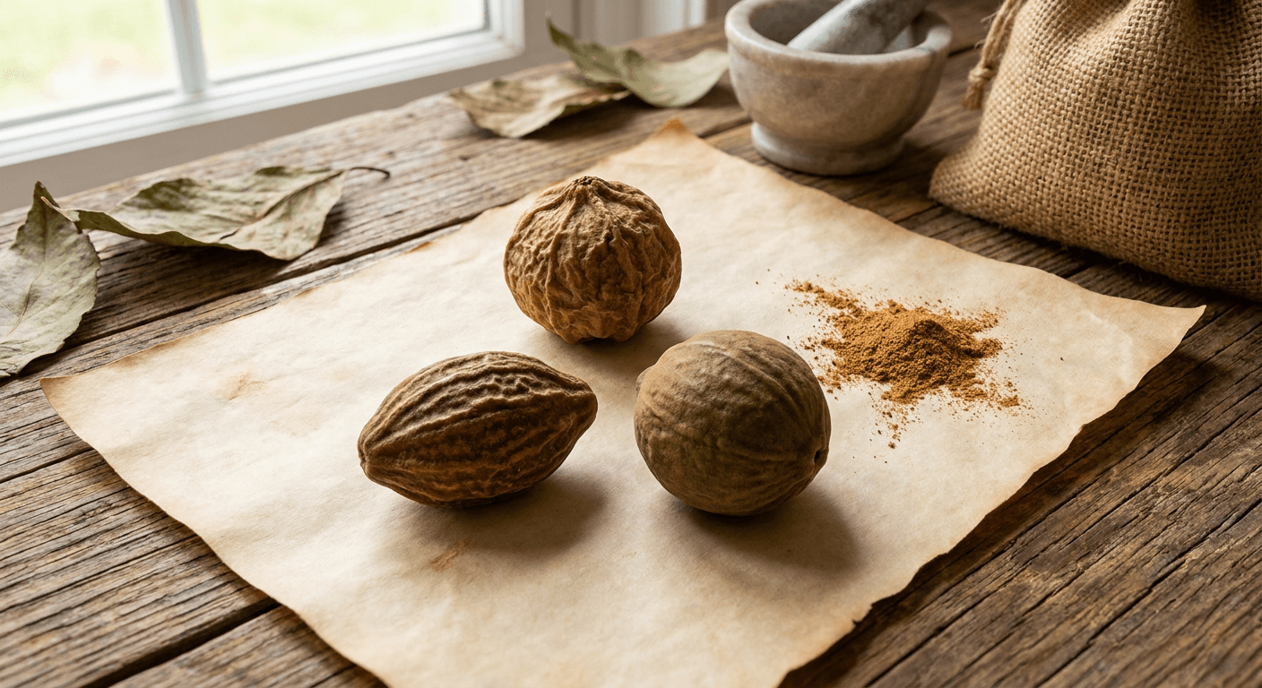 Three dried Ayurvedic fruits — Amla, Haritaki, Bibhitaki — with a pinch of warm brown powder